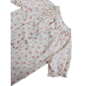 Women's Cream Floral Button Up Blouse Ruffle Neck S/M Boho Coquette Top